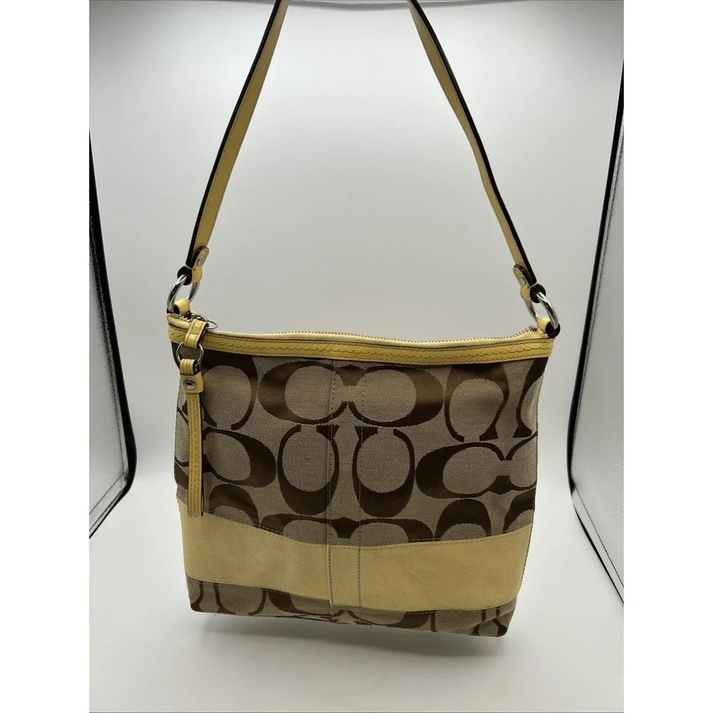 COACH Signature Khaki Canvas Logo CC Yellow Stripe Crossbody Bag  Y2K #F13674